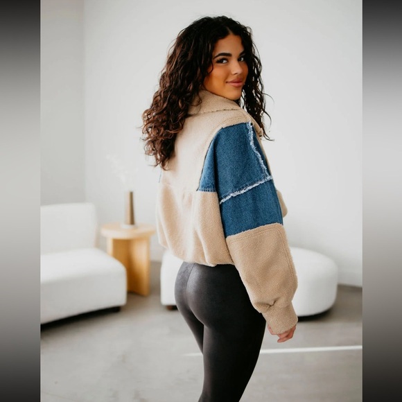 BiBi Half Zip Fleece Denim Pullover Size Large Latte Long Sleeve Pockets - Picture 2 of 14